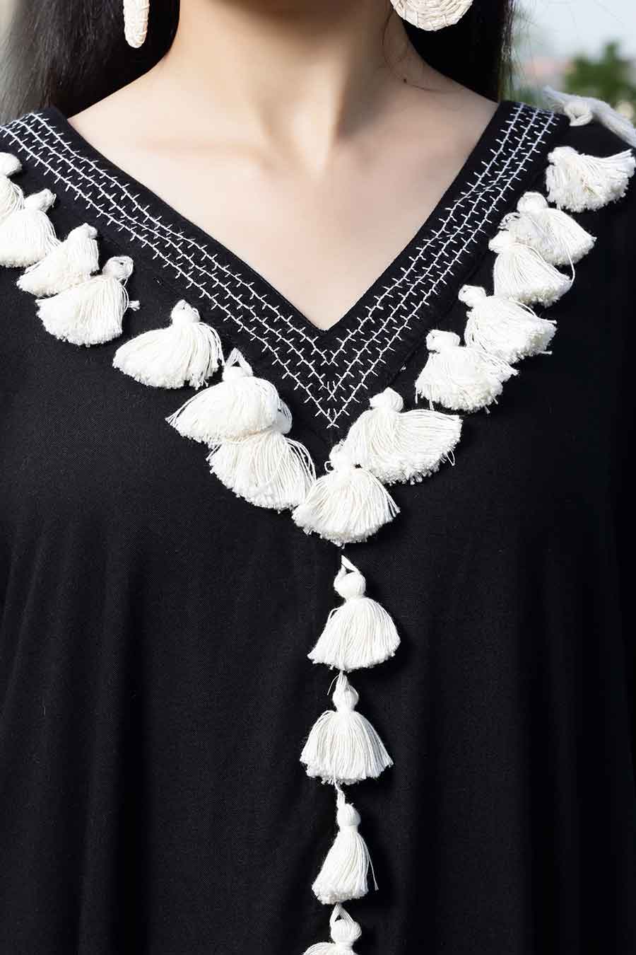 Black Cotton Contrast Tassel Kaftan