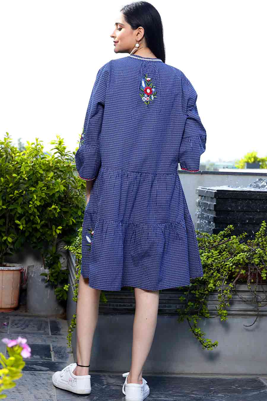 Navy Checkered Embroidered Dress