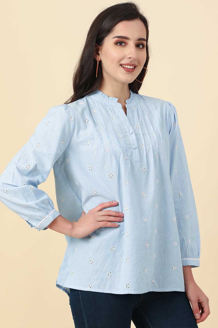 Blue Cotton Striped Embroidered Top