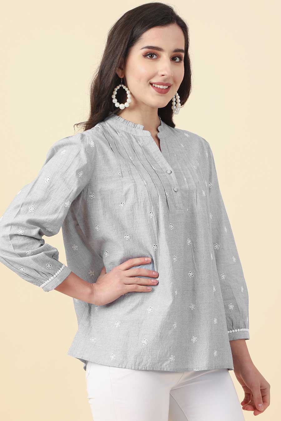 Grey Cotton Embroidered Top