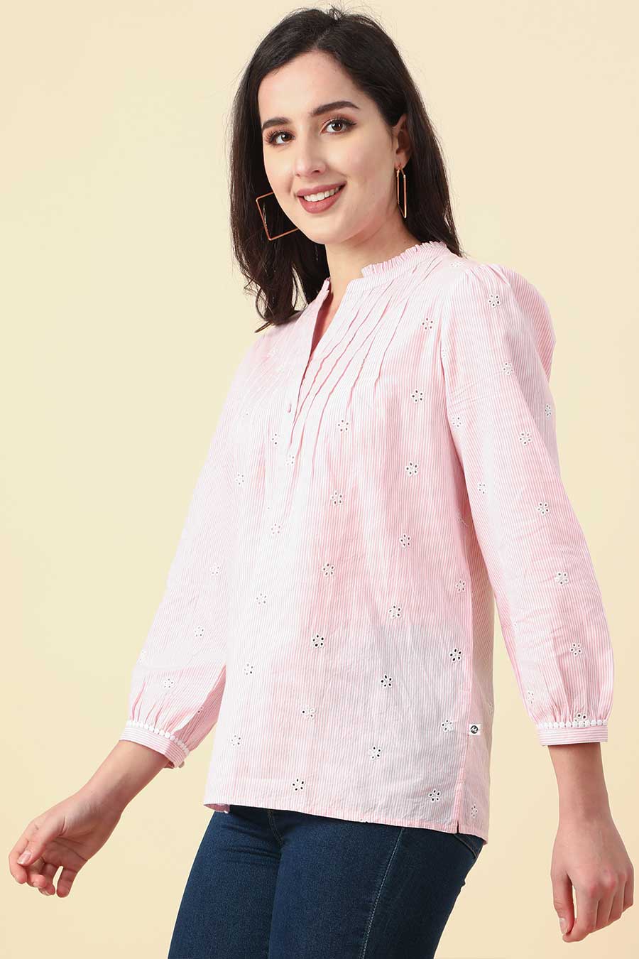 Pink Cotton Striped Embroidered Top