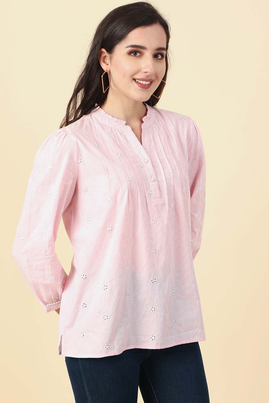 Pink Cotton Striped Embroidered Top