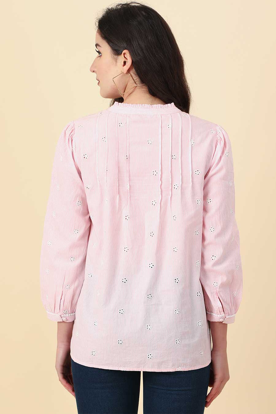 Pink Cotton Striped Embroidered Top