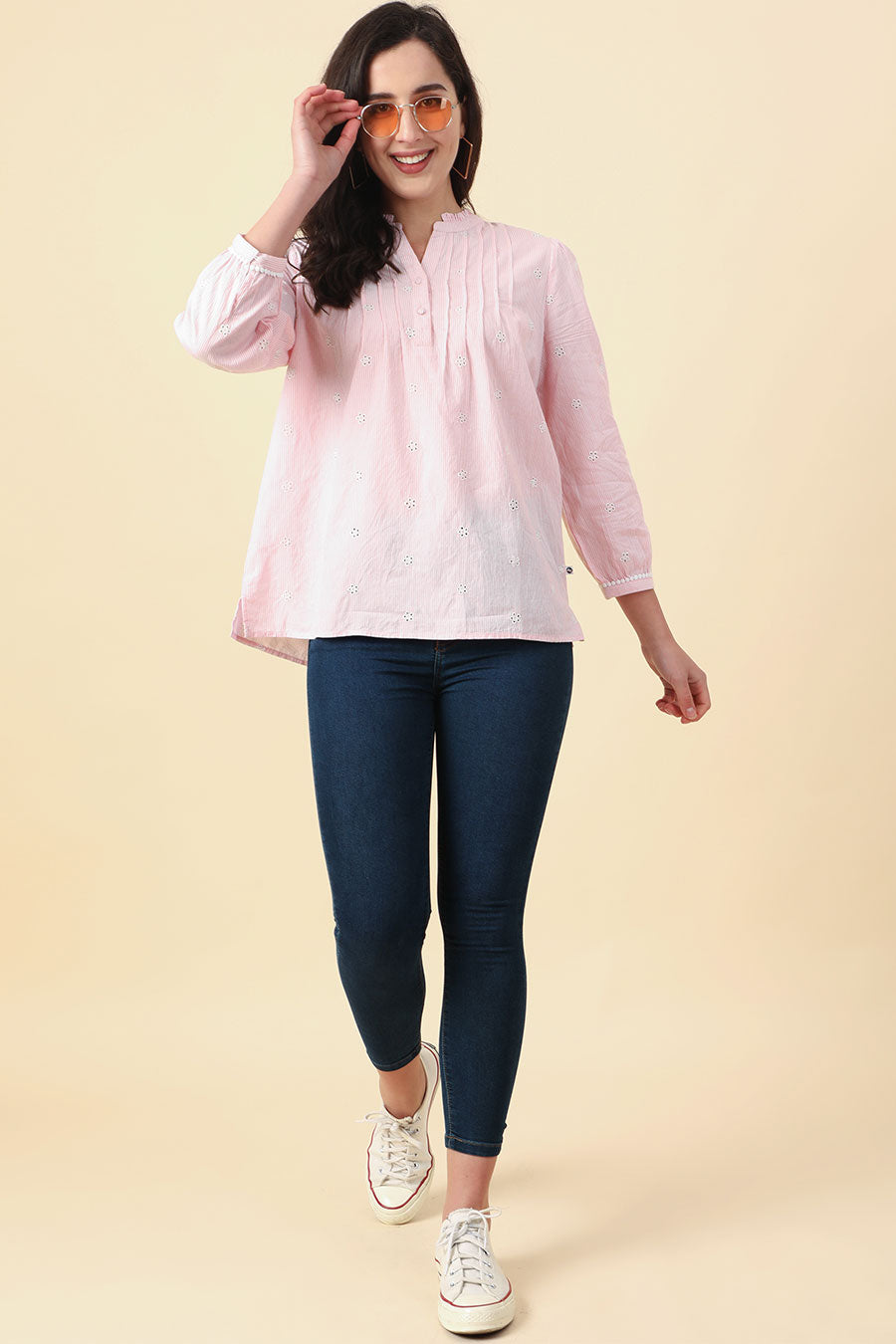 Pink Cotton Striped Embroidered Top