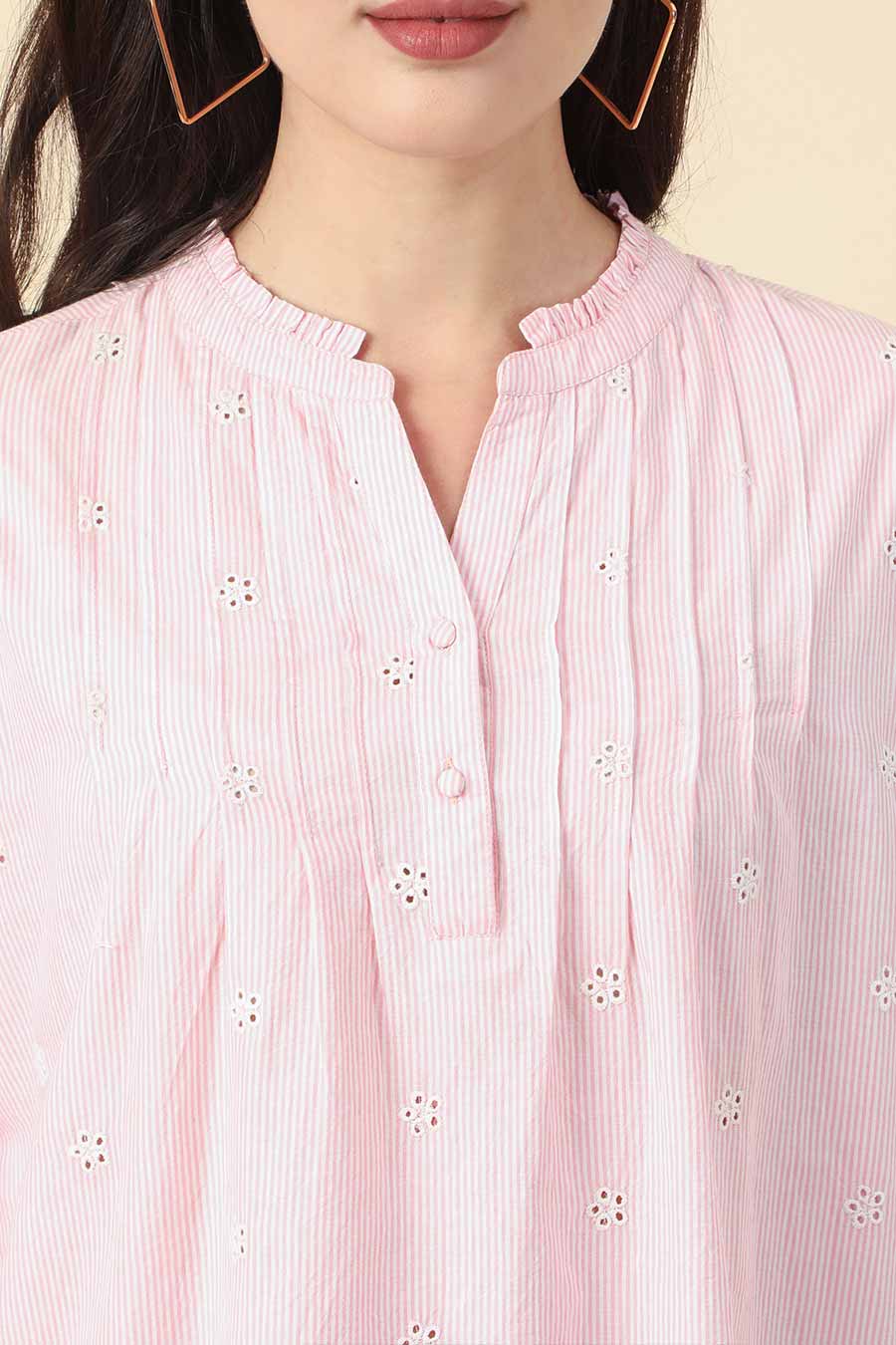 Pink Cotton Striped Embroidered Top