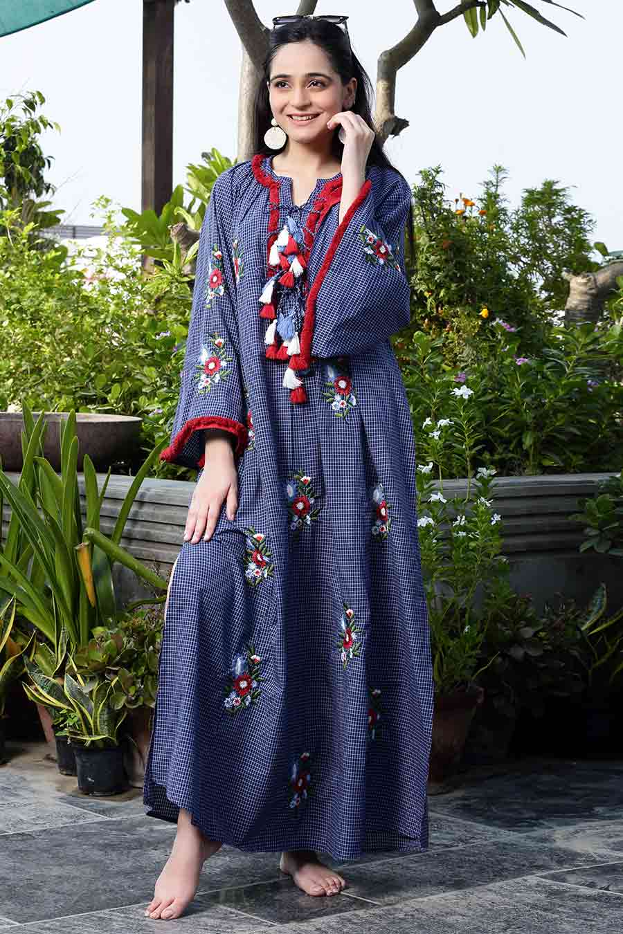 Navy Checkered Embroidered Kaftan