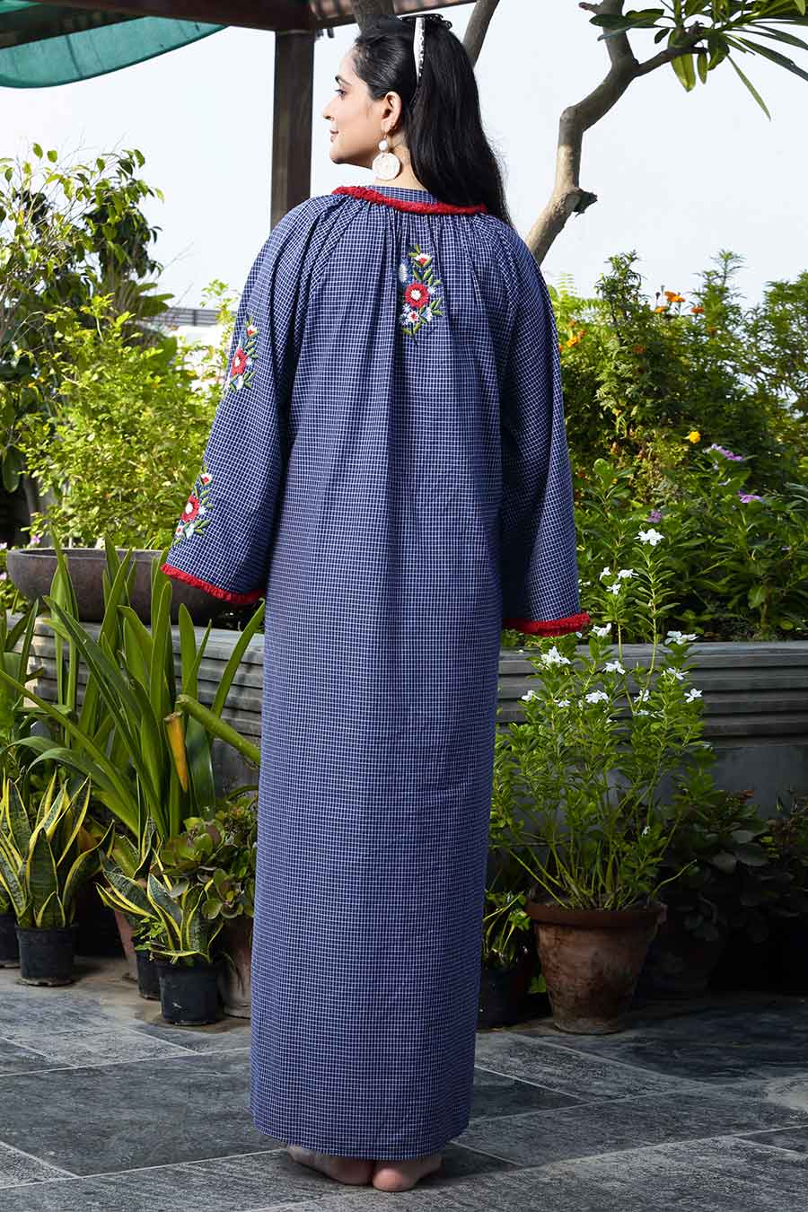 Navy Checkered Embroidered Kaftan