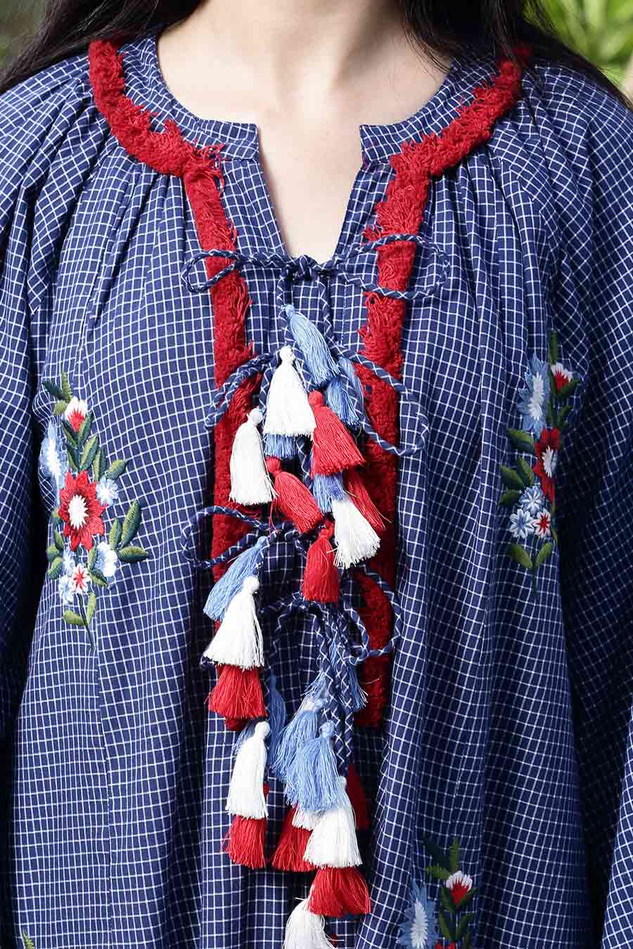 Navy Checkered Embroidered Kaftan
