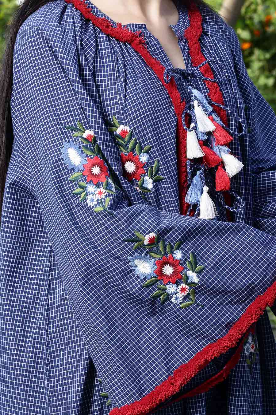 Navy Checkered Embroidered Kaftan