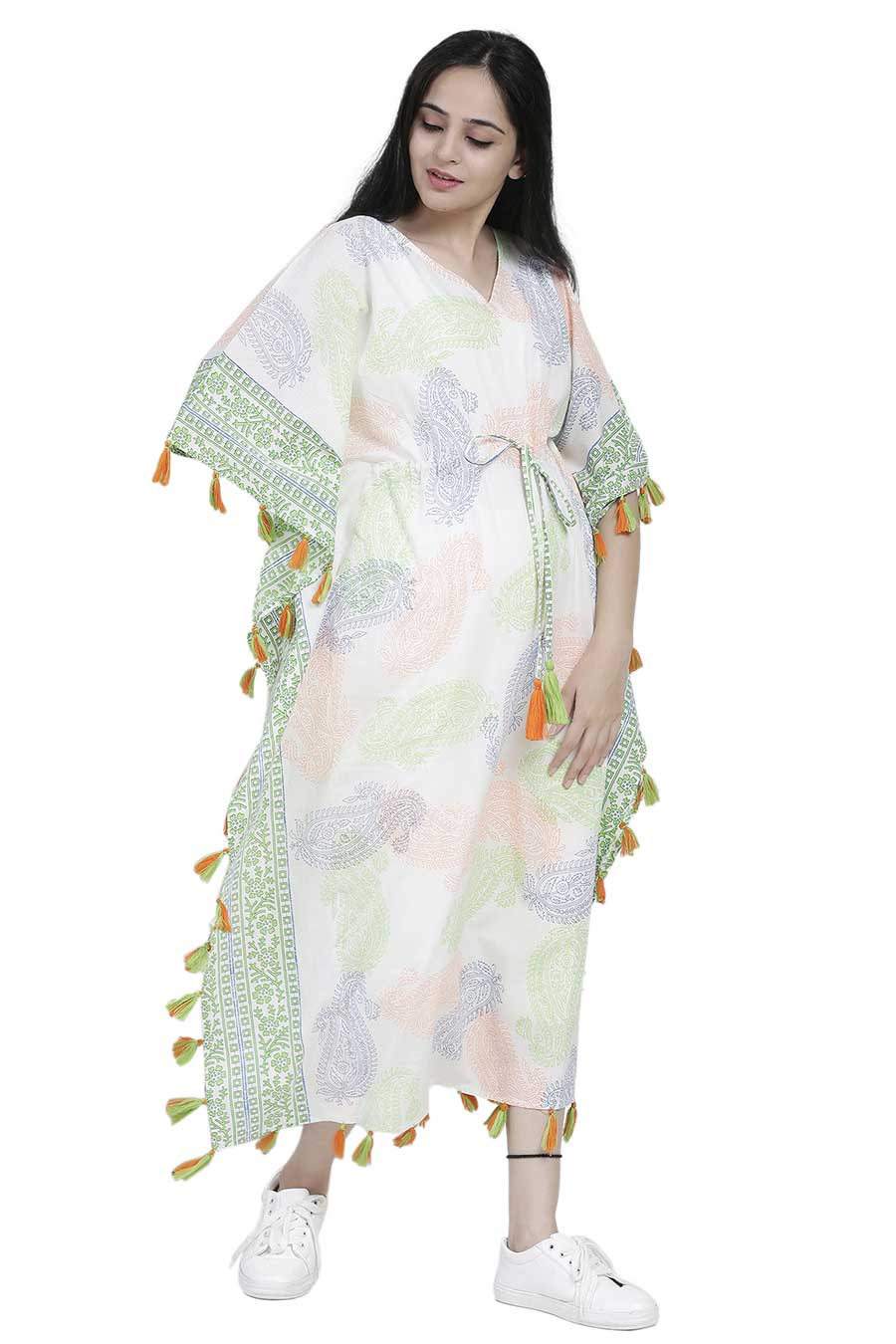 Paisley Print Long Kaftan With Tassels