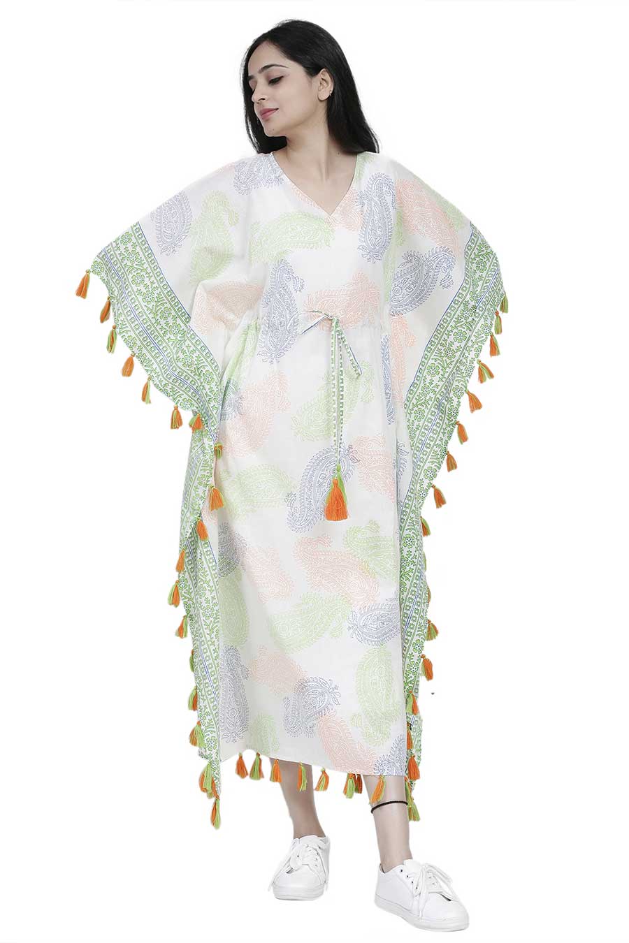 Paisley Print Long Kaftan With Tassels