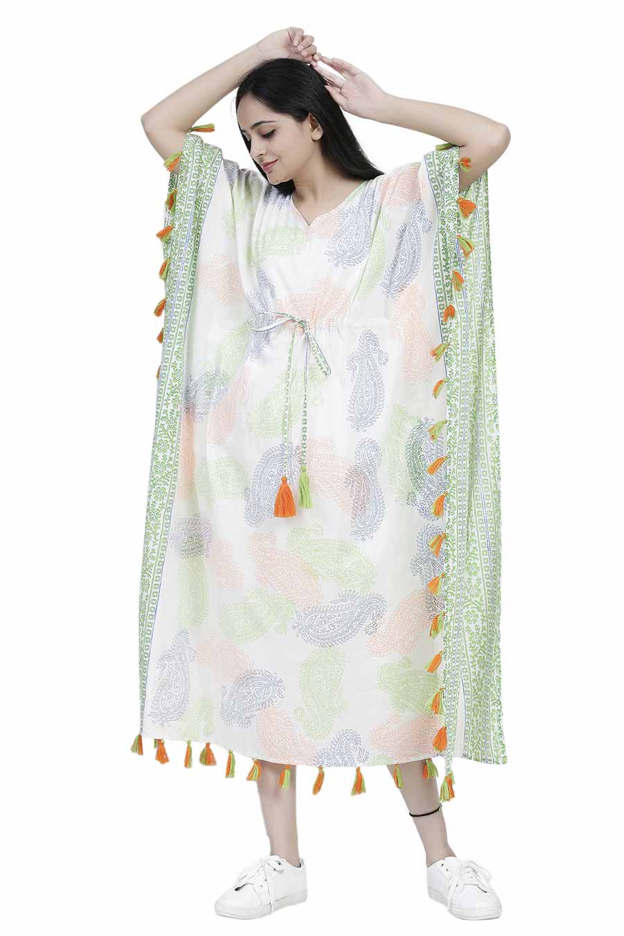 Paisley Print Long Kaftan With Tassels