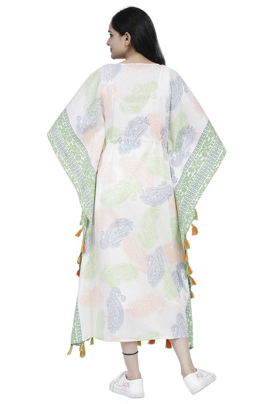 Paisley Print Long Kaftan With Tassels
