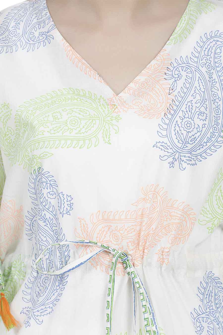 Paisley Print Long Kaftan With Tassels