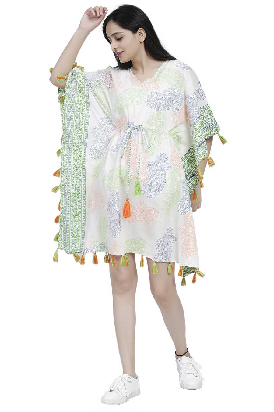 Paisley Print Short Kaftan With Tassels