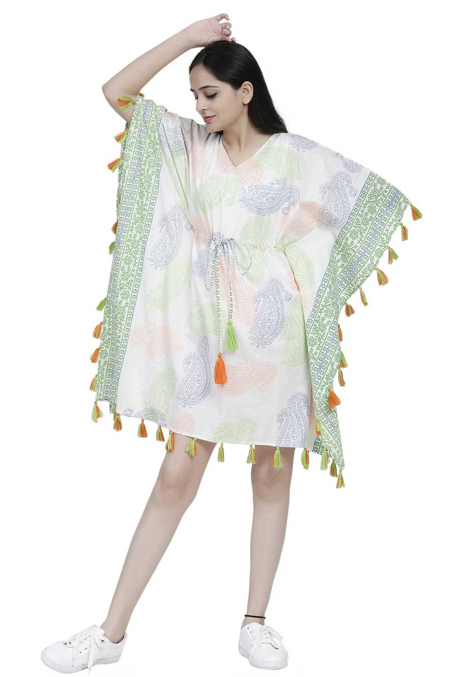 Paisley Print Short Kaftan With Tassels