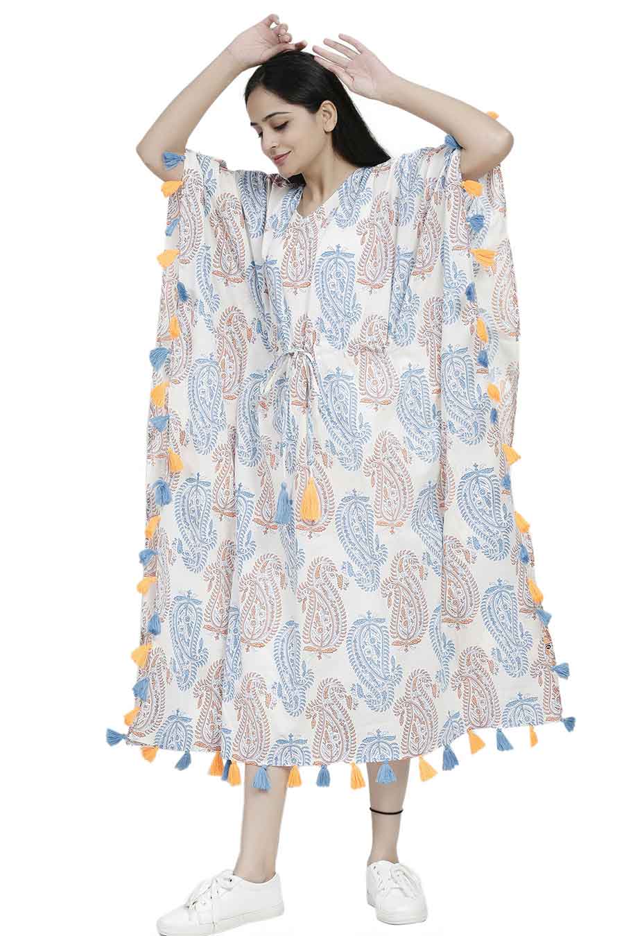 Paisley Print Long Kaftan With Tassels