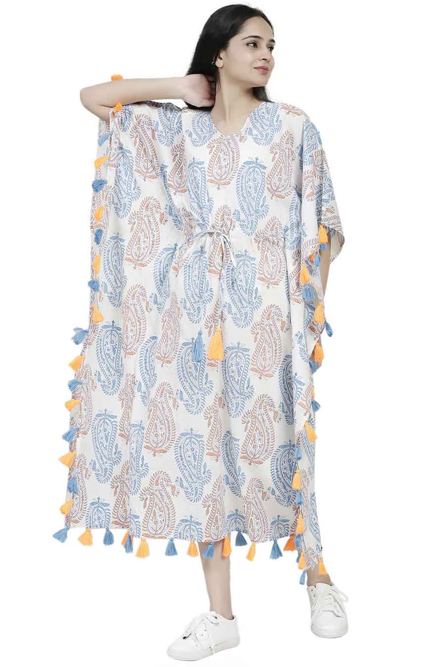 Paisley Print Long Kaftan With Tassels