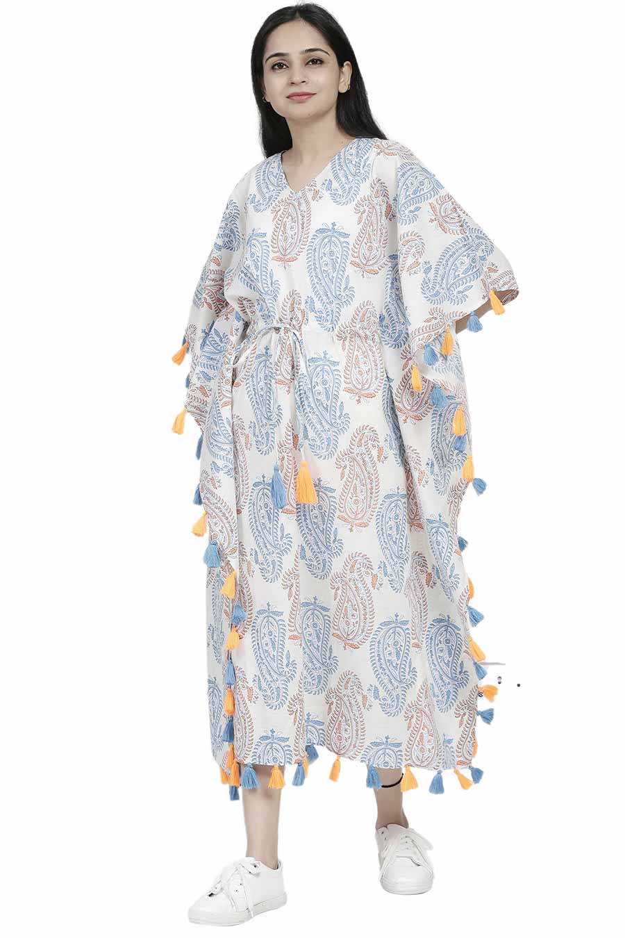 Paisley Print Long Kaftan With Tassels