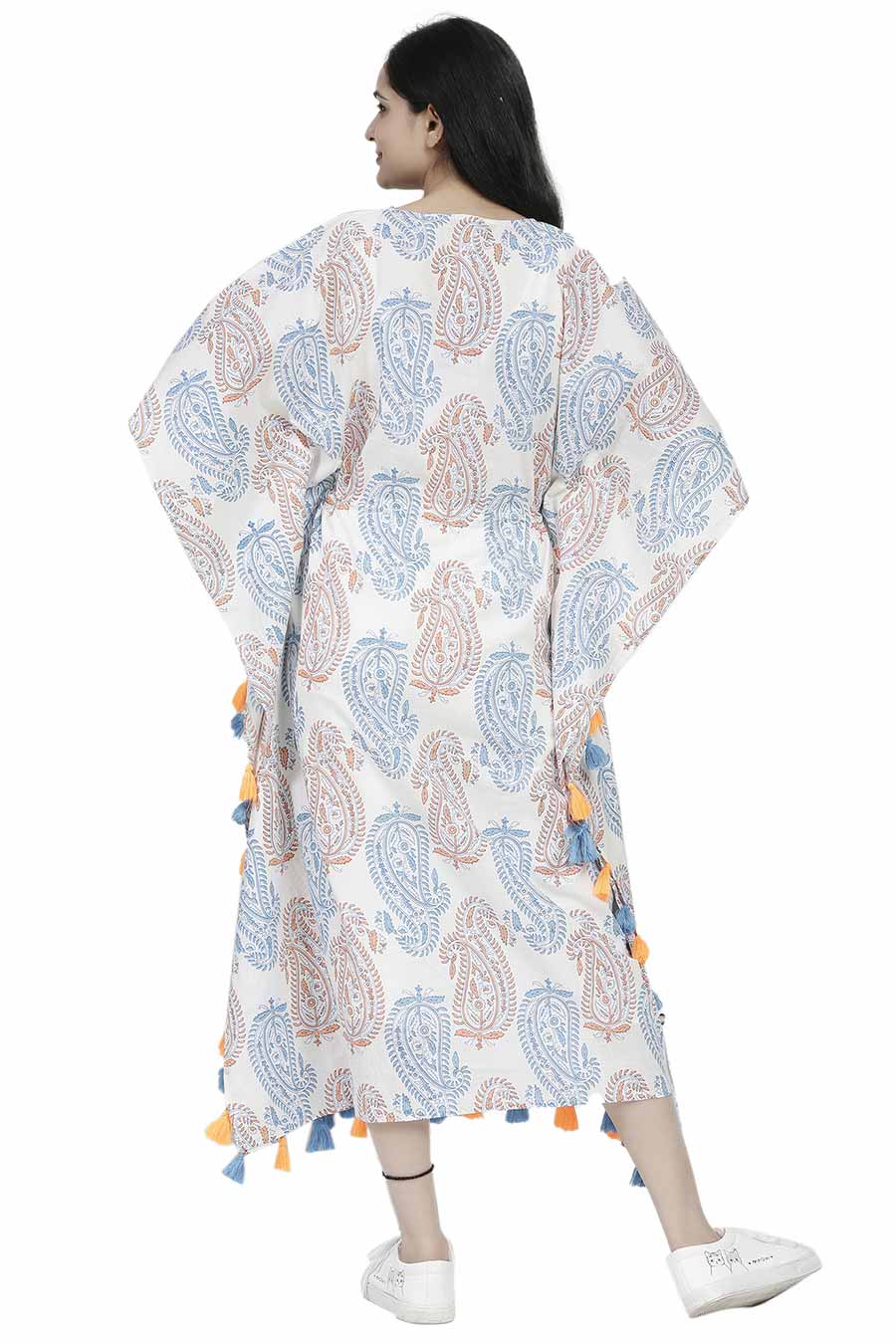 Paisley Print Long Kaftan With Tassels