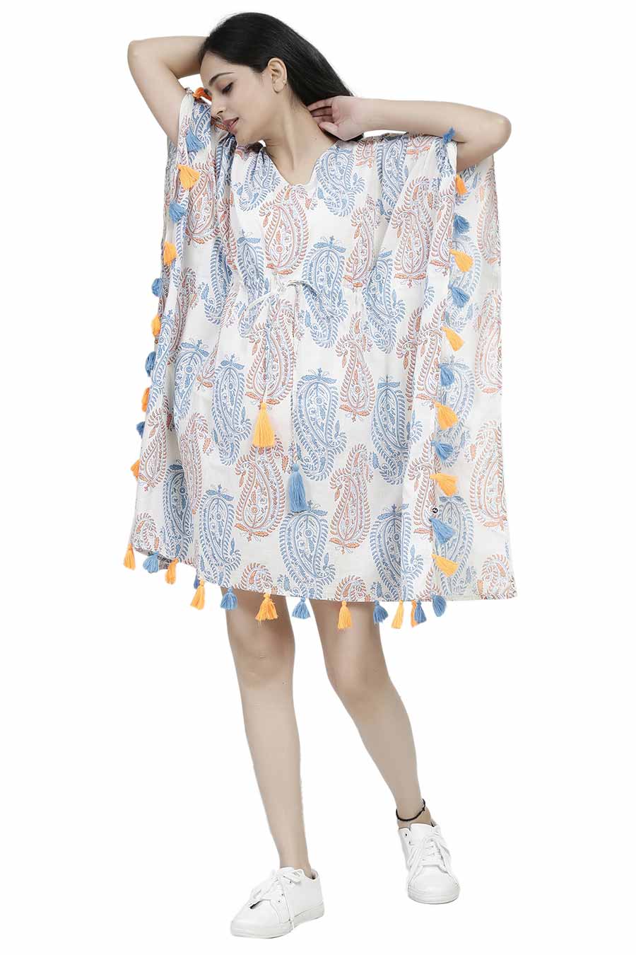 Paisley Print Short Kaftan With Tassels