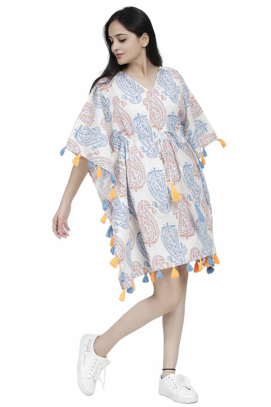 Paisley Print Short Kaftan With Tassels