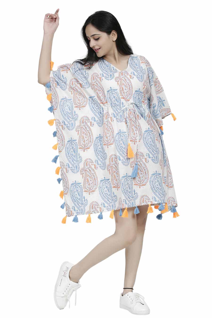 Paisley Print Short Kaftan With Tassels