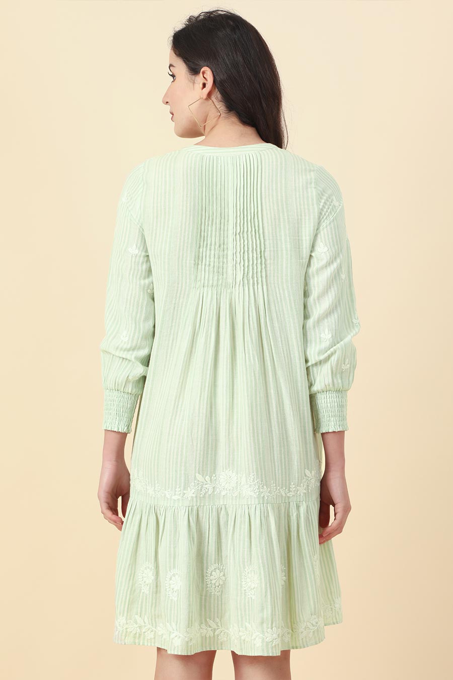 Green Stripe Embroidered Summer Dress