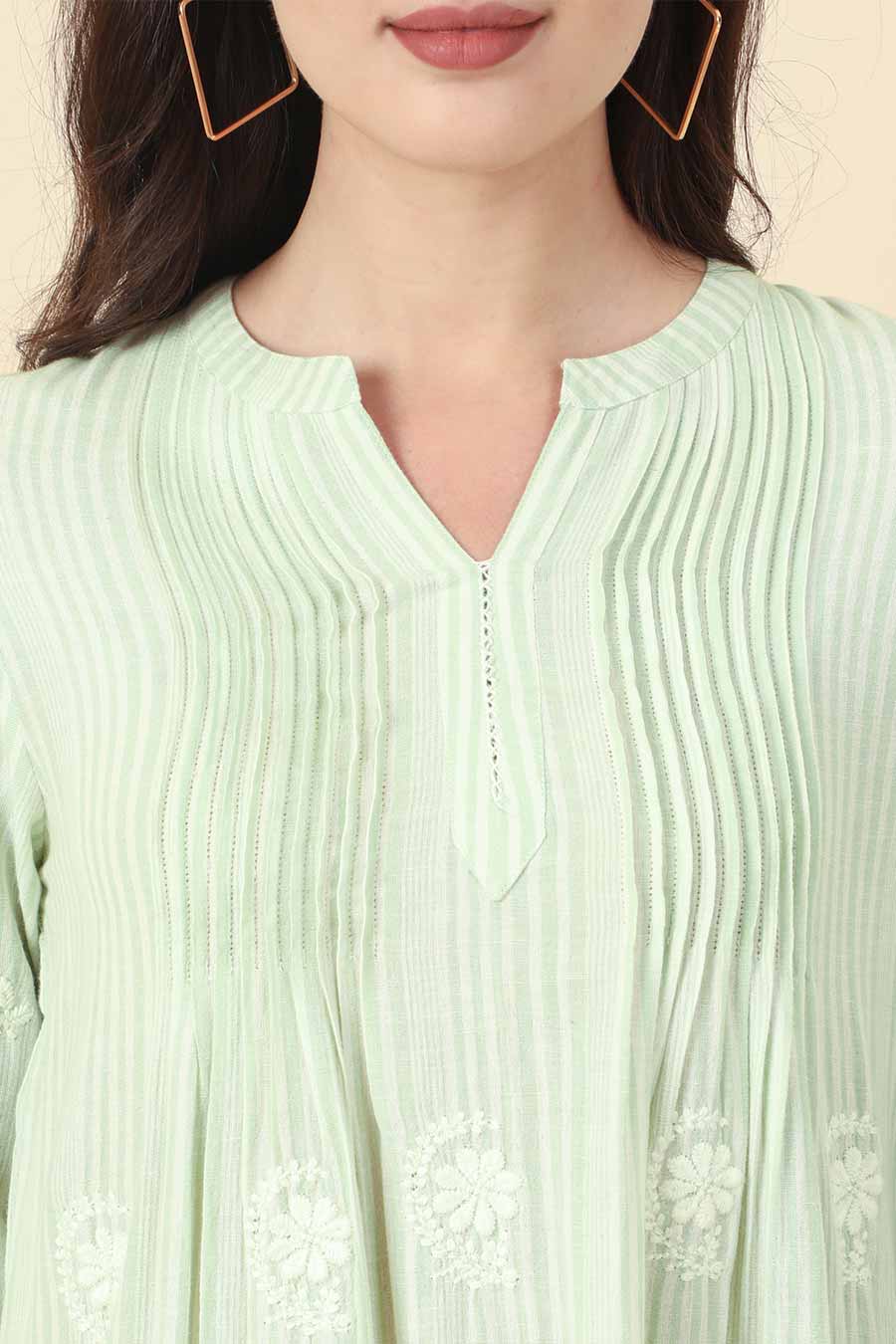 Green Stripe Embroidered Summer Dress