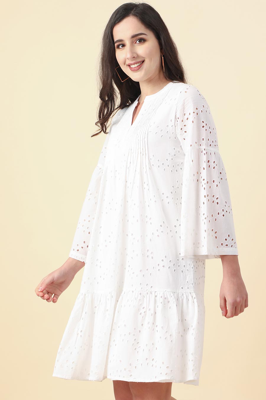 White Cotton Schiffli Summer Dress