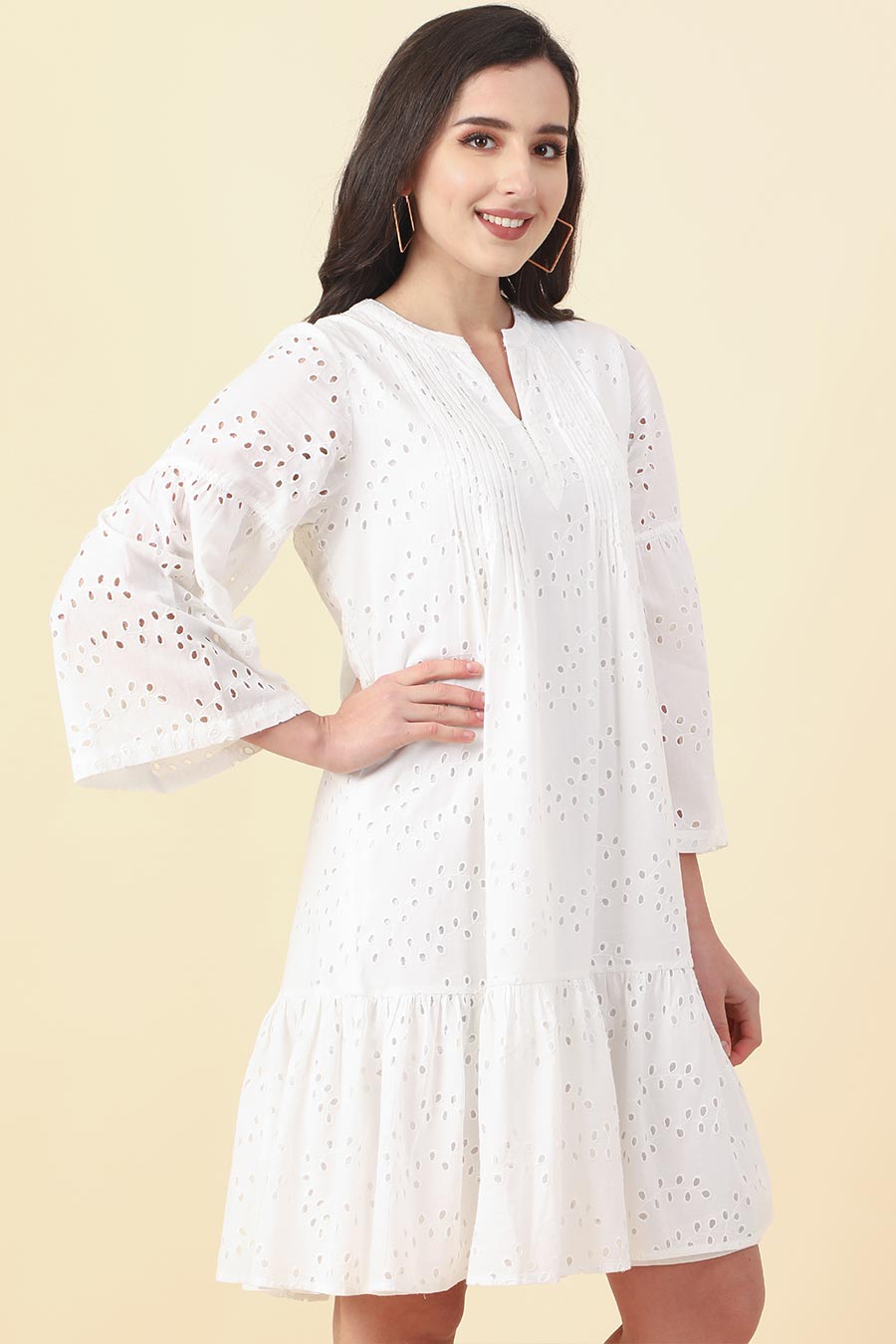 White Cotton Schiffli Summer Dress
