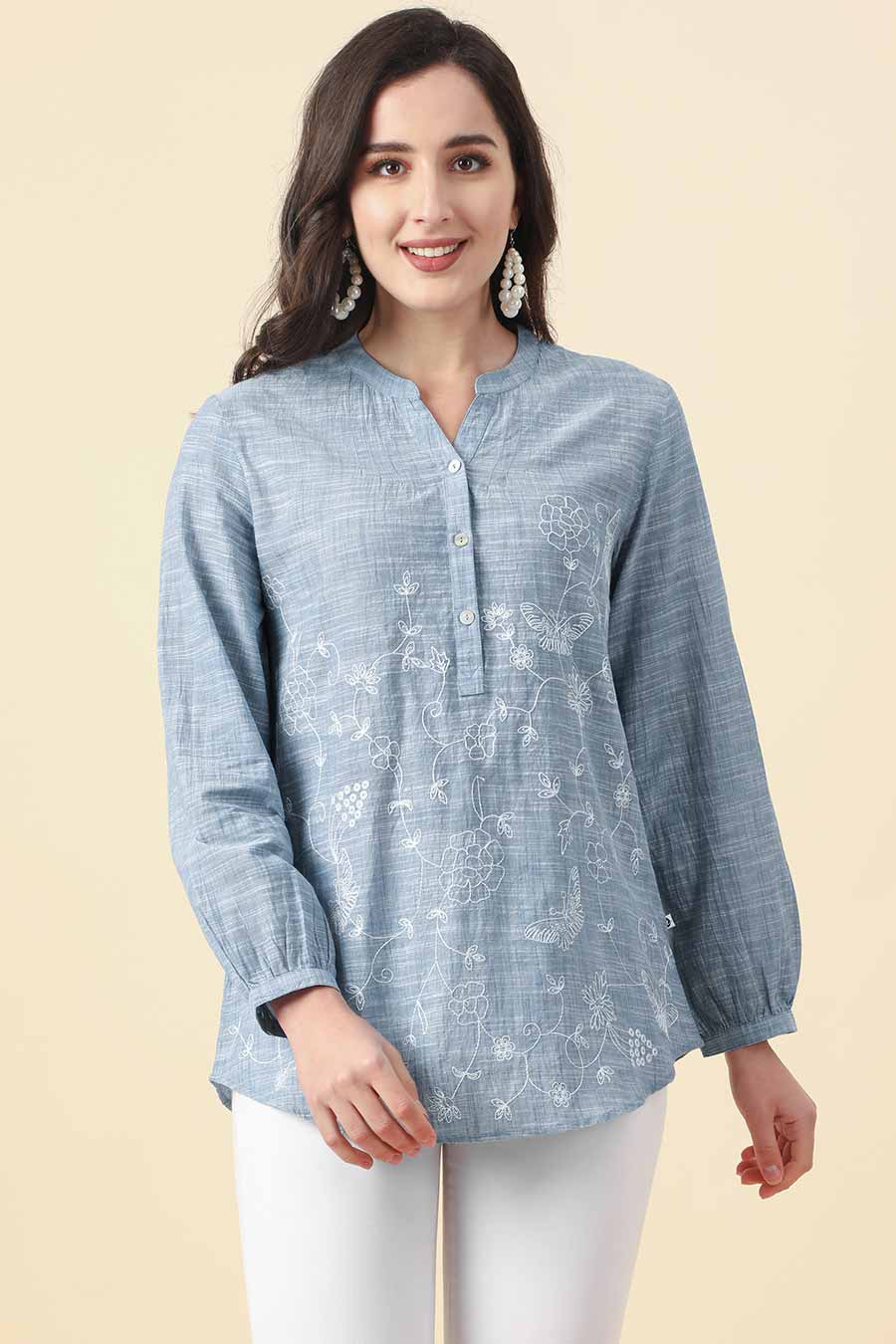 Blue Cotton Floral Embroidery Top
