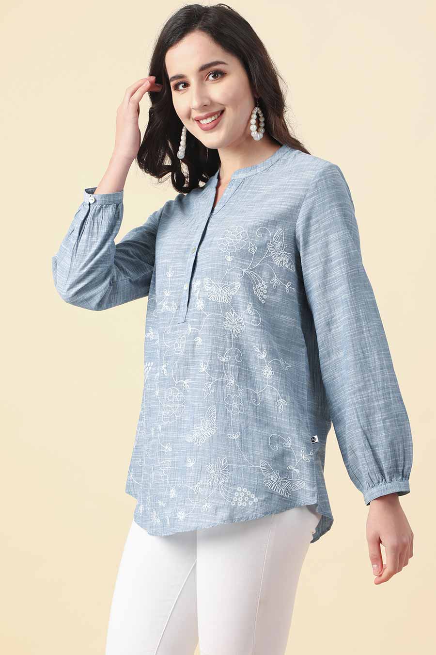 Blue Cotton Floral Embroidery Top