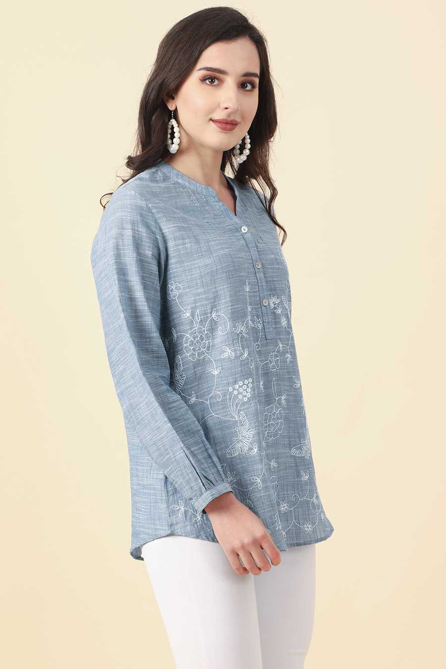 Blue Cotton Floral Embroidery Top