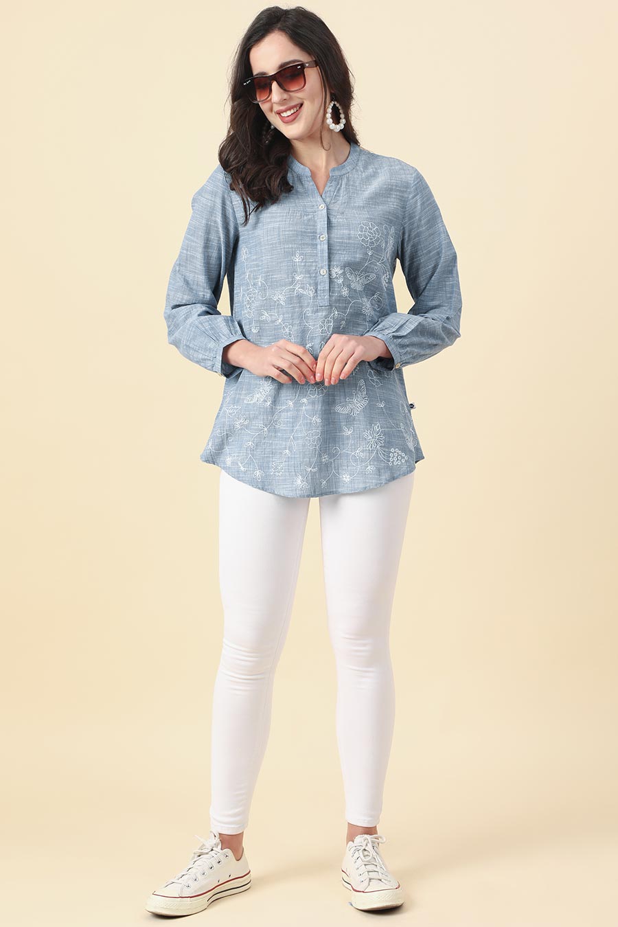 Blue Cotton Floral Embroidery Top