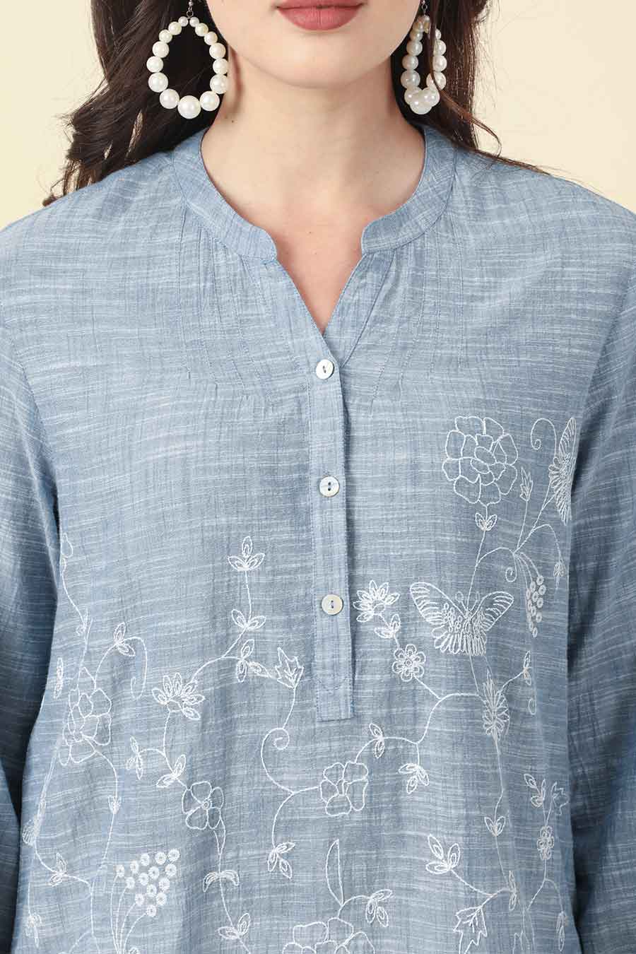 Blue Cotton Floral Embroidery Top