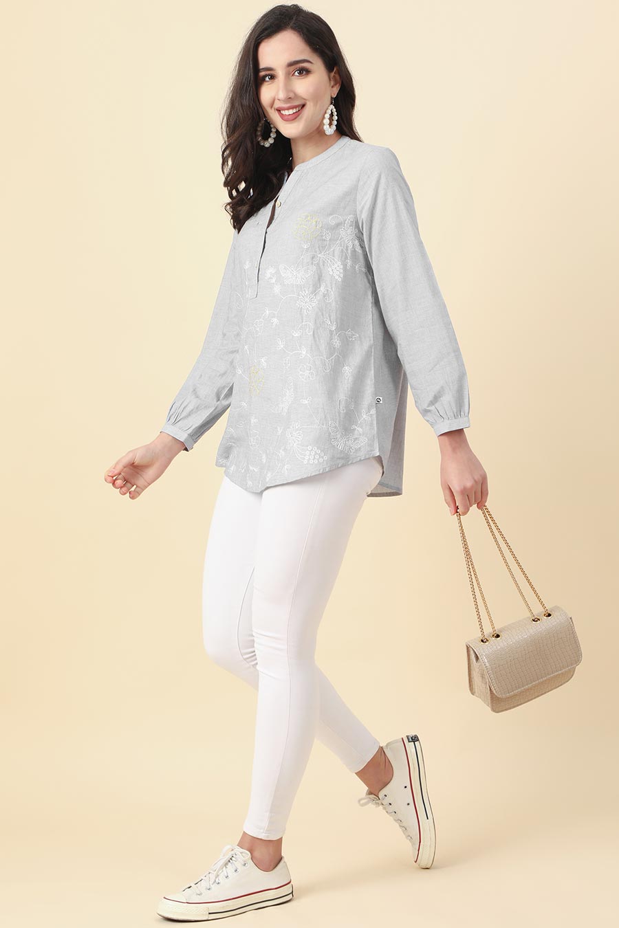 Grey Cotton Floral Embroidery Top