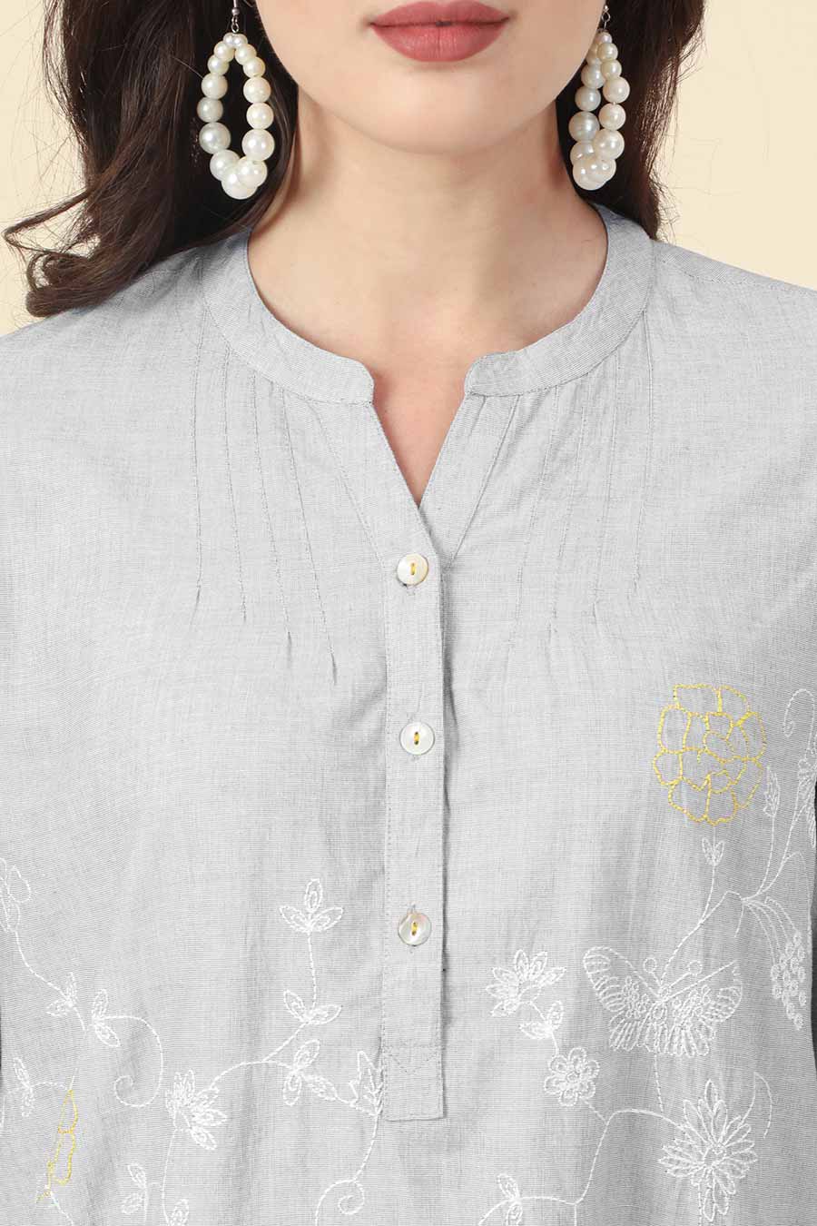 Grey Cotton Floral Embroidery Top