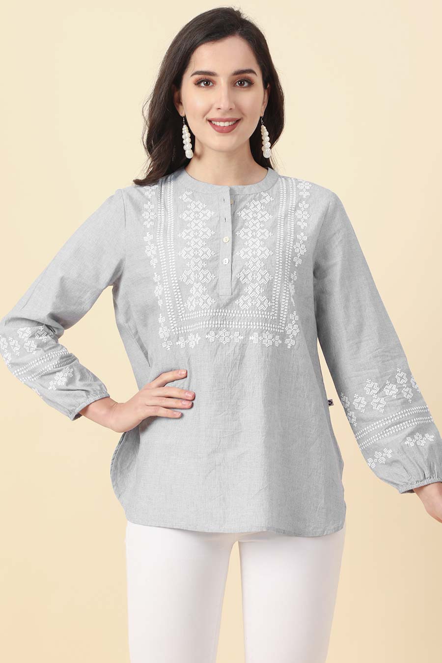 Grey Cotton Embroidered Top