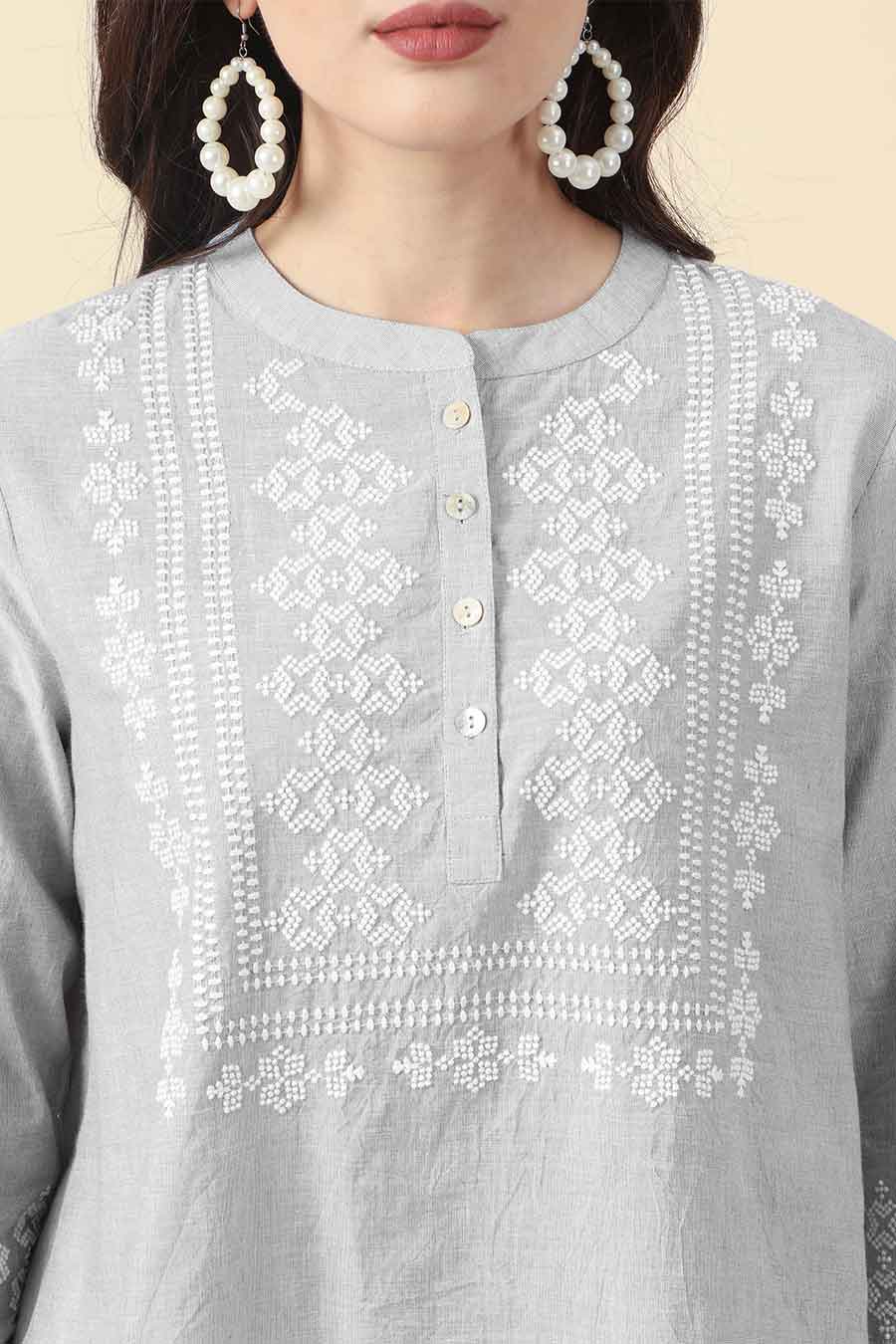 Grey Cotton Embroidered Top