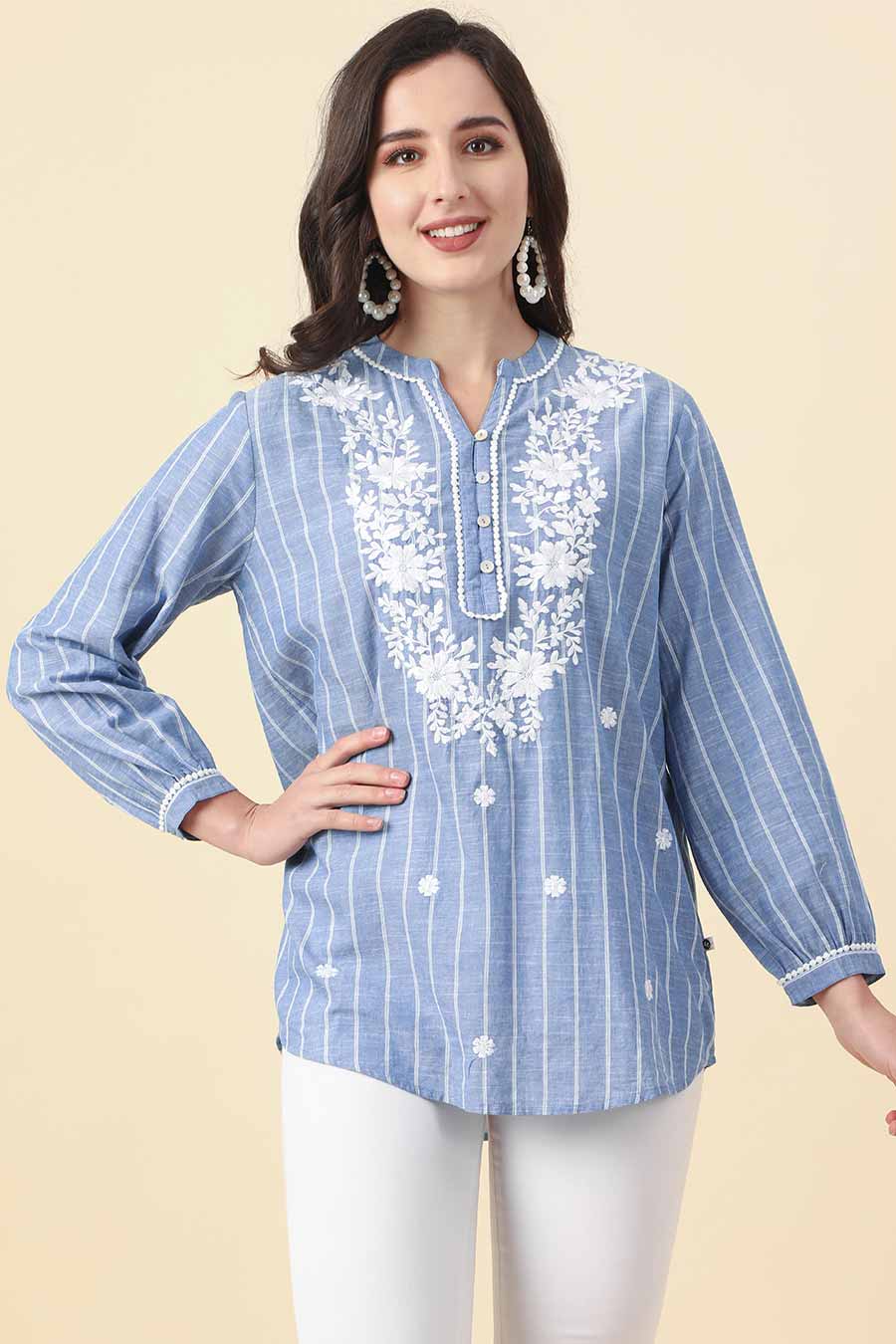 Floral Embroidered Blue Top