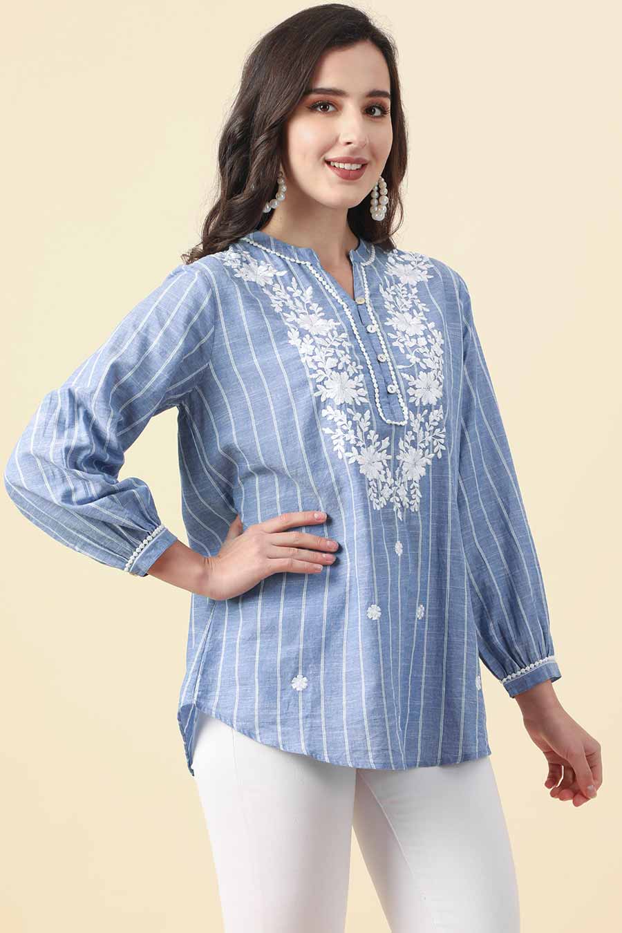 Floral Embroidered Blue Top