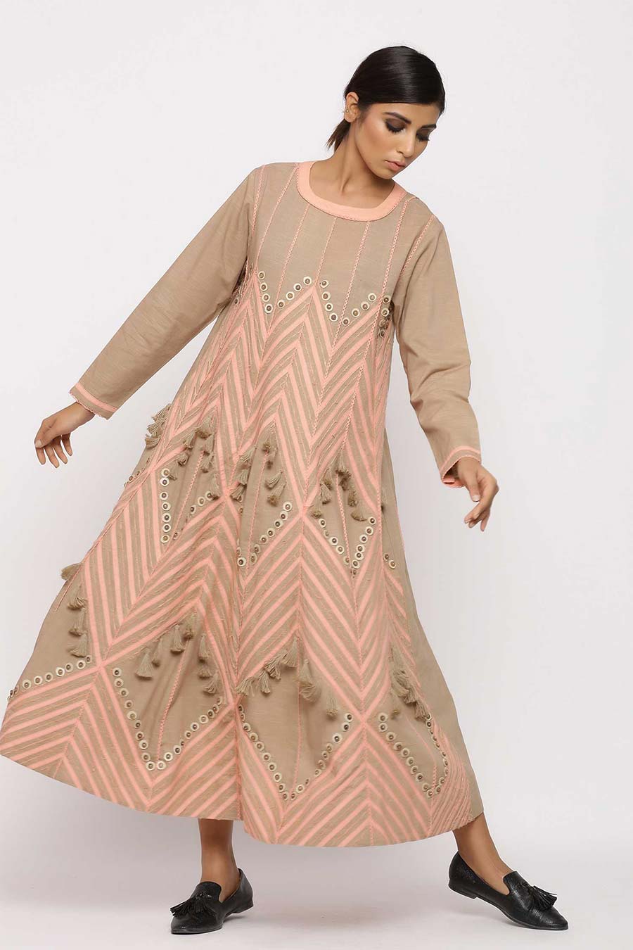 Embroidered Tassel Tale Beige Dress