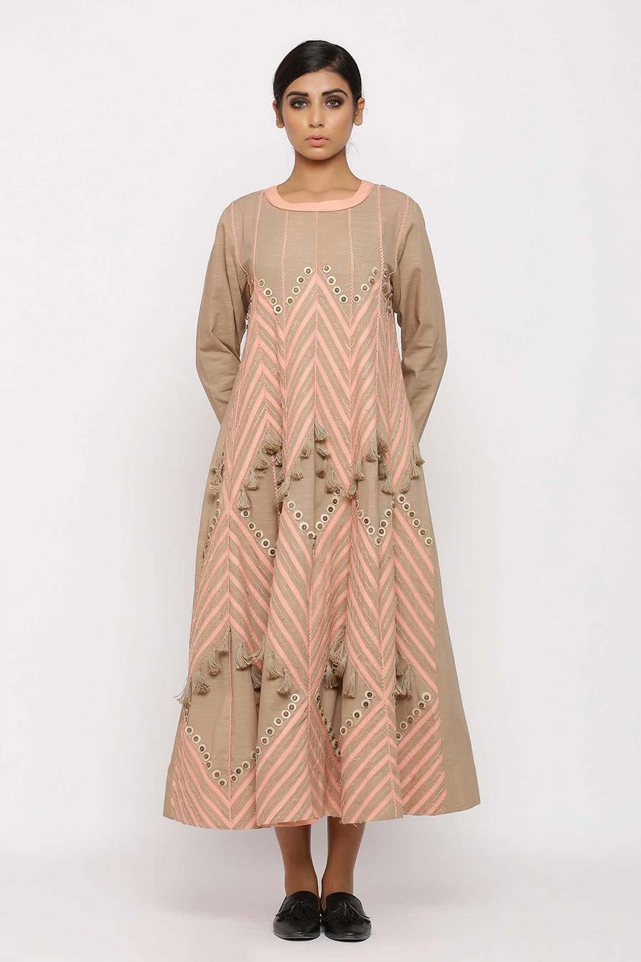 Embroidered Tassel Tale Beige Dress