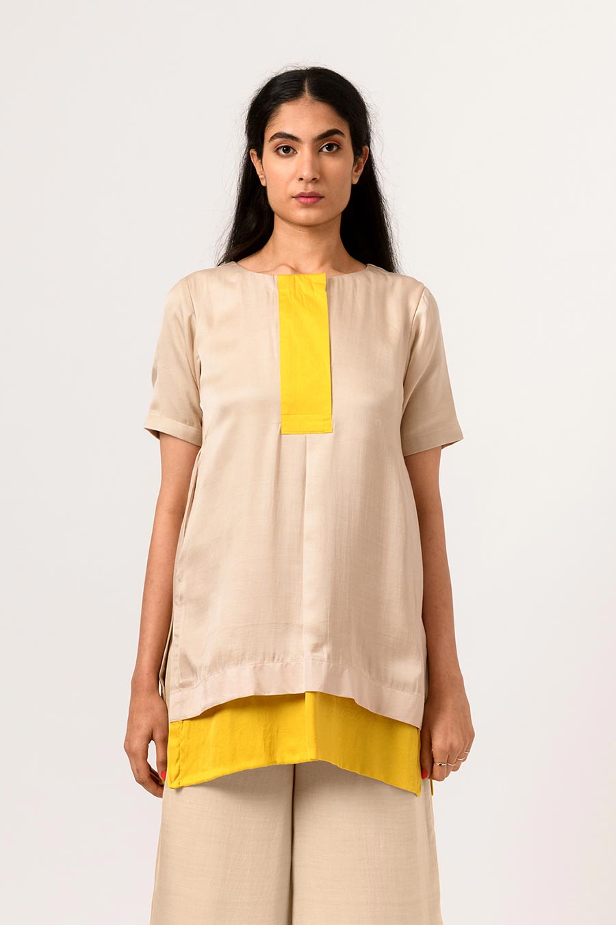 Ecru-Yellow Colour Block Top