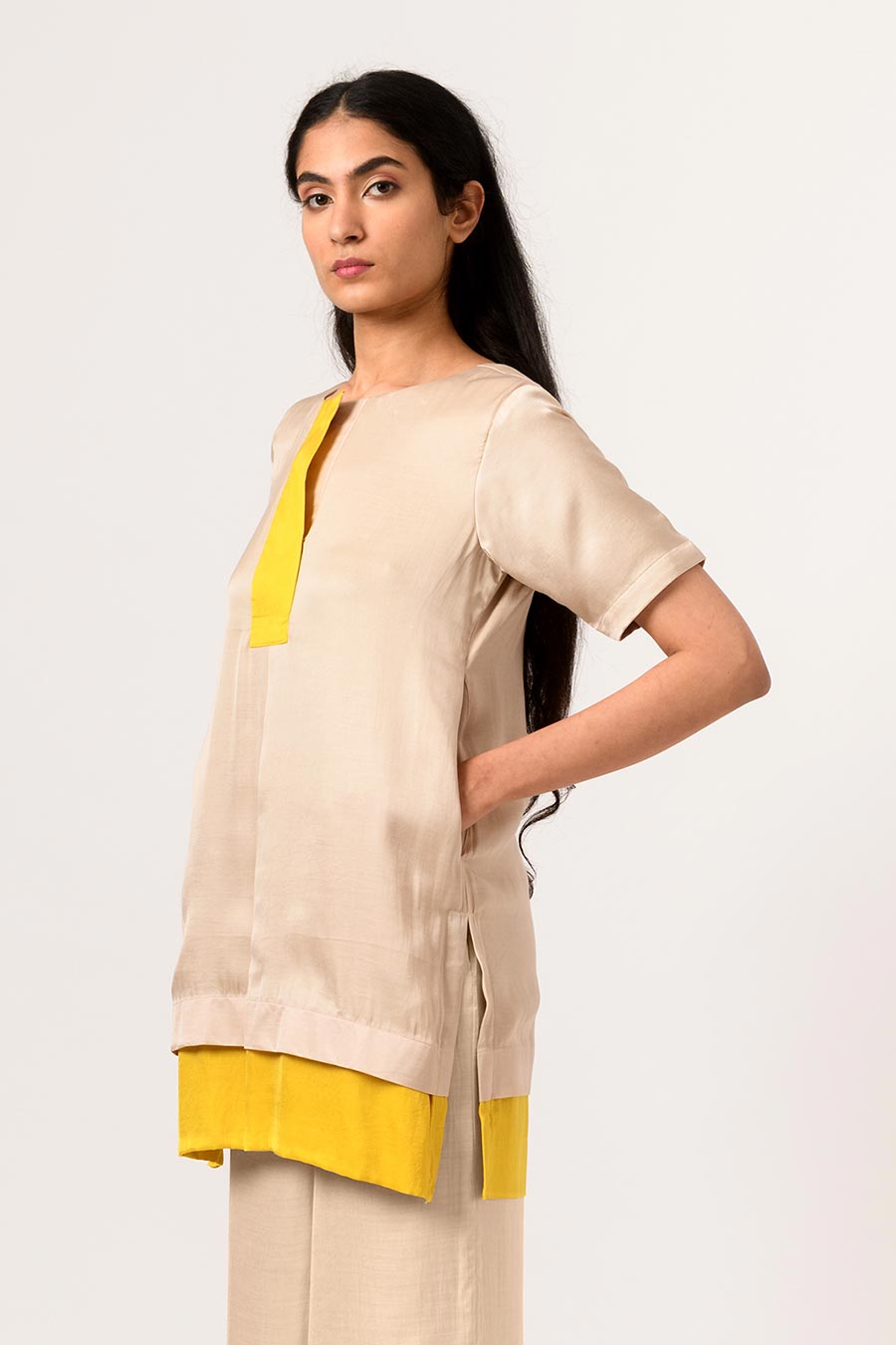 Ecru-Yellow Colour Block Top