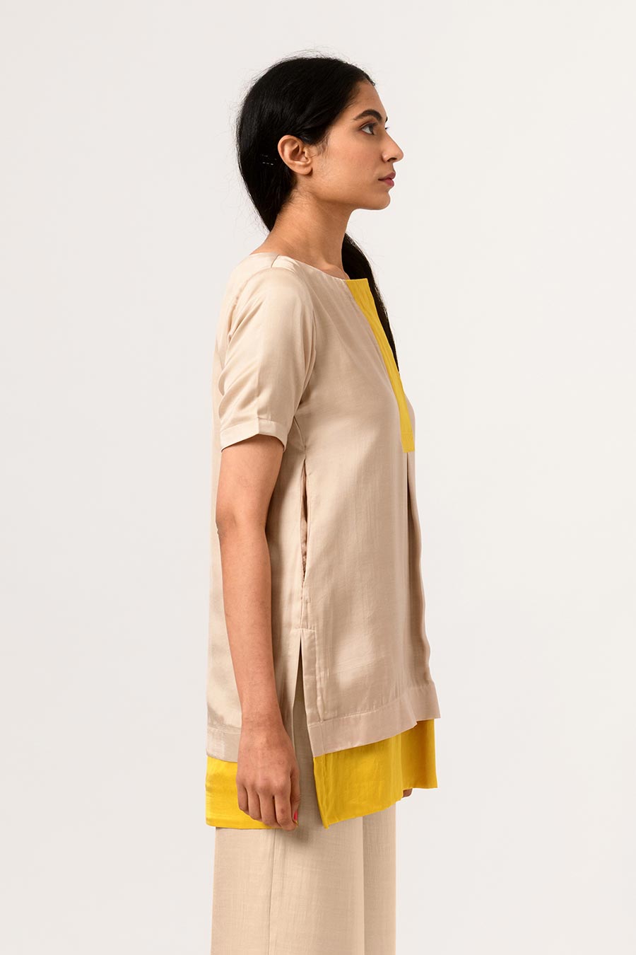 Ecru-Yellow Colour Block Top