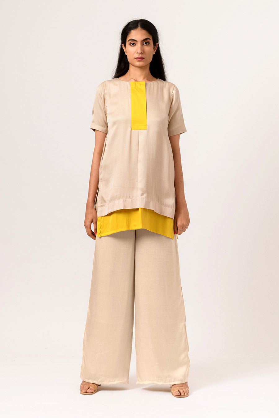 Ecru-Yellow Colour Block Top