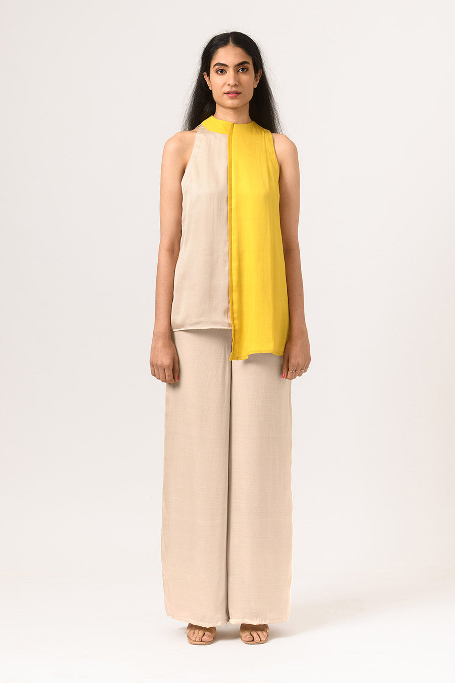 Ecru-Yellow Halter Neck Top