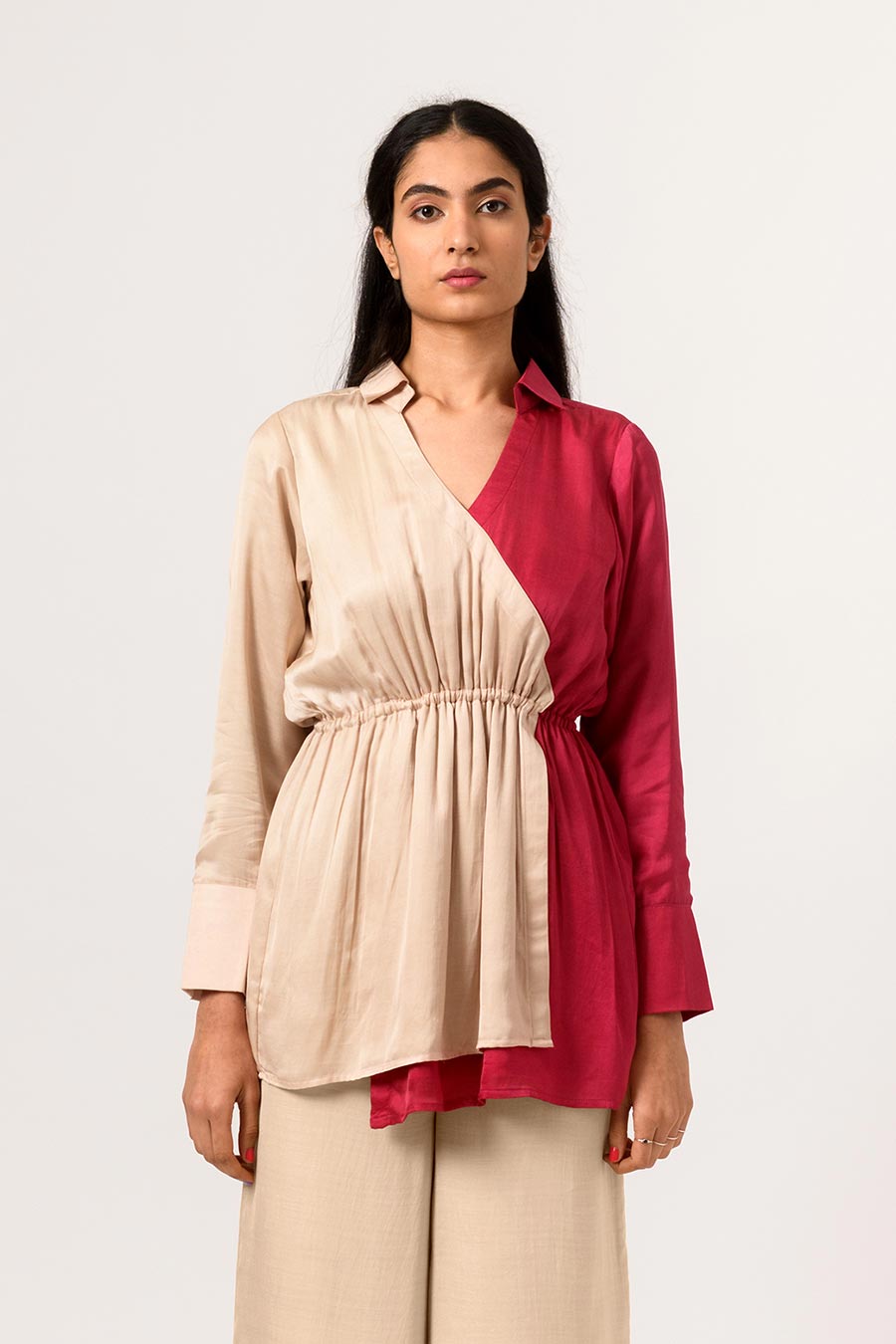 Ecru-Wine Half-n-Half Wrap Top